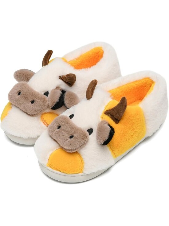 Shoes - Women's Yellow Fluffy Cute Cozy Cartoon Fuzzy Cow Polyester Indoor Slippers